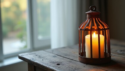 Fototapeta premium Rustic candle in metal lantern holder casts warm light on wooden table. Cozy interior scene with window view. Lighted candle creates ambient glow. Peaceful atmosphere.