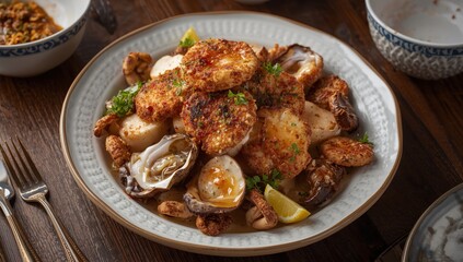 Fototapeta premium Battered oysters and scallops with seafood fungi