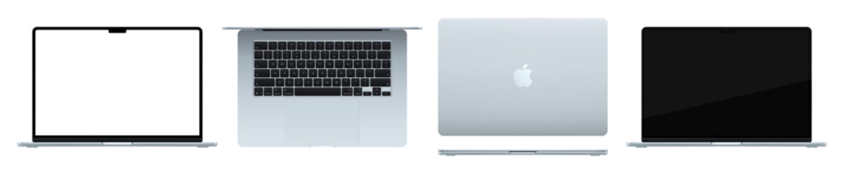 Photorealistic detailed New Apple Macbook Air M5 15.3 inches 2026 Sky Blue mockup pack. Front, rear and top view isolated on transparent background. Vector editorial PNG