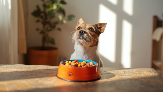 Canine diet. The dog gazes at the treat bowl. Humorous Jack Russell at home