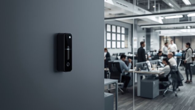 Card reader for contactless access on a gray wall