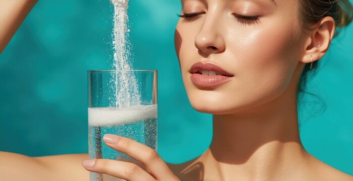 Close-up of a woman mixing collagen powder in water against a turquoise backdrop