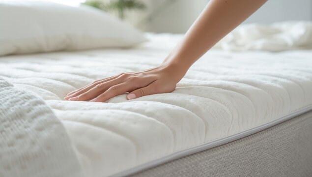 Closeup of a woman interacting with an orthopedic mattress. Text space available