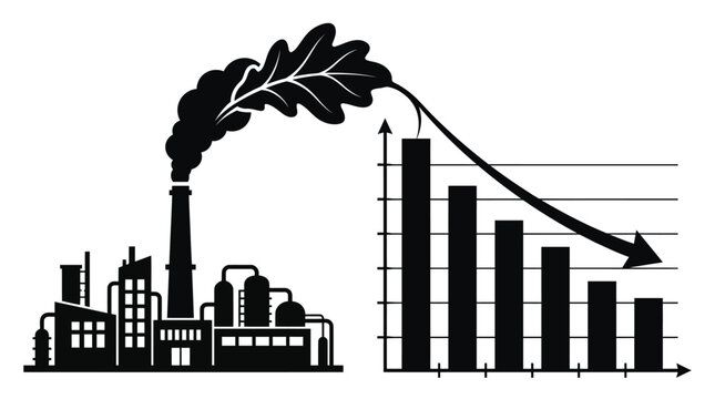Industrial factory silhouette emitting smoke shaped like a leaf over a declining financial bar chart