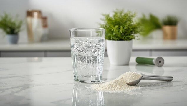 Collagen powder and water. Beauty and health supplement