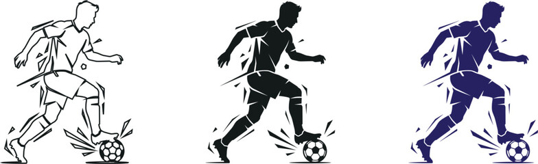 Naklejka premium Football player dribbling ball in soccer tournament line art and silhouette vector bundle