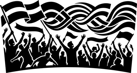 Obraz premium Soccer supporters crowd cheering and waving champion banners in global football tournament vector silhouette