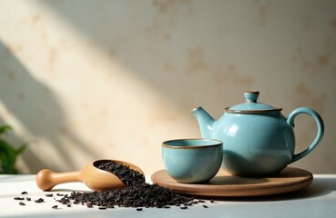 Obraz premium Light blue tea set with teapot cup sits on wooden plate. Wooden scoop overflows with dark tea leaves. Morning sun casts shadows on beige wall behind.