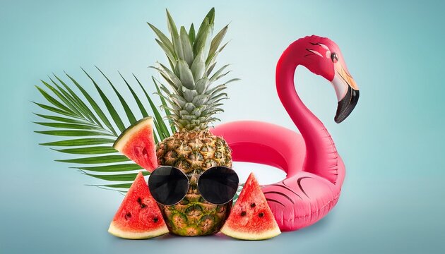 creative collage showing a flamingo pineapple sunglasses and watermelon on a light background