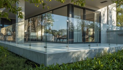 Naklejka premium Laminated tempered glass railing panels without frames on contemporary structures