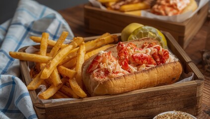 Naklejka premium Lobster sandwich with fries and a pickle