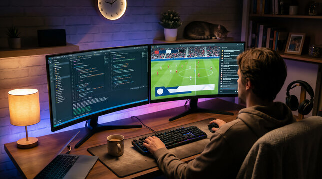 Software Developer working on code and watching a soccer match on dual monitors at night