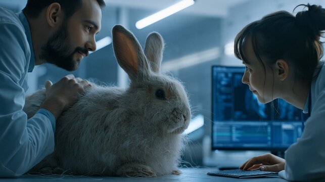 Researcher in a lab observing a rabbit beside fiber-optic muscle scans on a screen, calm clinical mood, cool fluorescent light, side composition.