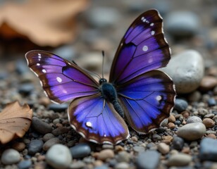 Obraz premium Close-up view of a vibrant purple butterfly resting on a pebbly ground. Its wings display iridescent blue and brown patterns with white spots. Dried leaves are visible nearby.
