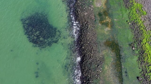 Top down aerial view of turquoise ocean water, rocky breakwater shoreline with sea foam, and green mossy coast in the Netherlands during spring.
