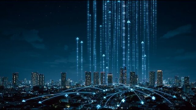 abstract cloud social media innovative cyber security network, using interconnected nodes to represent business partnerships on the Smart digital Innovation city with connection network reciprocity ov