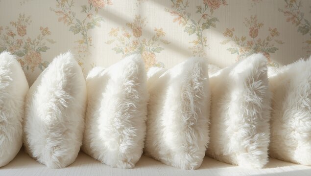 Soft white cotton pillows are lined up against lovely wallpaper