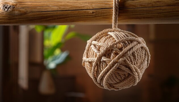 monkey fist rope ball suspended from a wooden beam against a rustic backdrop rope ball handmade woven