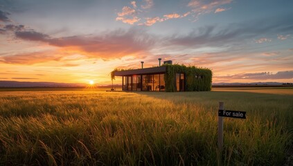 Fototapeta premium Sustainable home in open land during sunset, idea for building and property