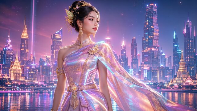 Thai Futurism: Elegant woman in a glowing traditional dress overlooks a neon-lit cyberpunk Bangkok cityscape, a fusion of cultural heritage and sci-fi technology.