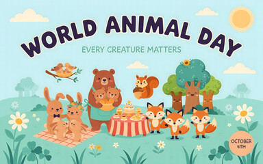 Fototapeta premium World animal day cartoon illustration featuring various forest animals at picnic