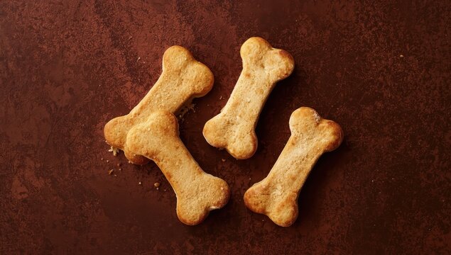 Top view of four dog biscuits shaped like bones on a dark surface