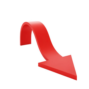 A3d rendered red arrow with a sharp curved arch pointing downwards, isolated on a white background, for business and, financial data analysis