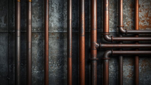 Industrial pipes lined up against a textured concrete wall, showcasing a factory or oil refinery's piping system with metal and rust details