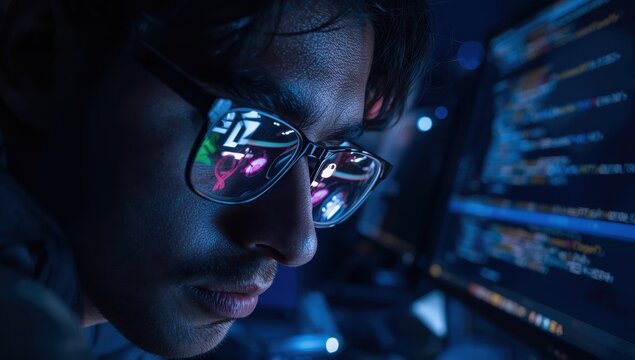 A coder with glasses concentrates on programming code on a computer, with reflections in their lenses, as they develop software