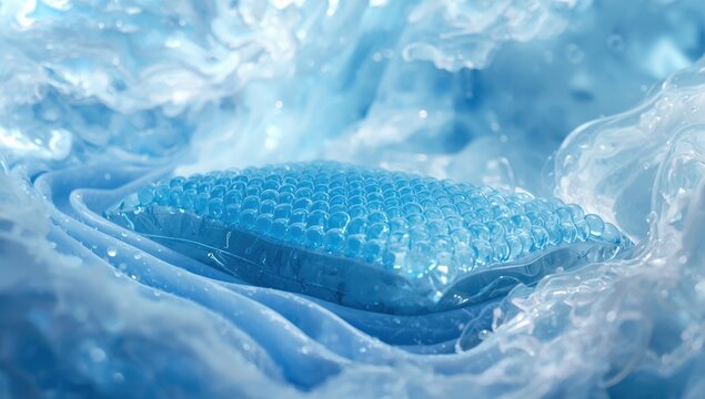 Chill gel pillow substance. Artistic backdrop of hydrogel cushions. Close-up texture. Blue hydrogel spheres