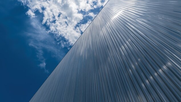 Industrial-style warehouse with exterior aluminum corrugated panels under a blue sky, viewed from below