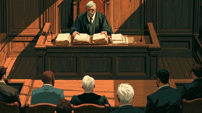 A stern judge seated high on the bench reviews thick legal folders as government officials listen below, suggesting a halted public fund; dramatic side lighting, symmetrical courtroom composition.