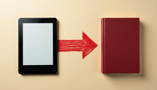Ebook reader screen displays blank space pointing towards red hardbound book. Digital text device transforms paper publication. Knowledge transfer from screen to page.