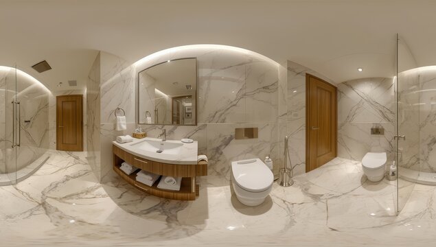 smooth 360-degree HDRI panorama of a luxurious bathroom in contemporary apartments or hotels, featuring a toilet and washbasin in equirectangular format with zenith and nadir