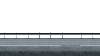 Obraz premium Isolated highway guardrail on white backdrop, panoramic perspective. Road barrier, dividing lane