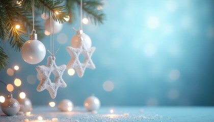 Obraz premium White stars and balls hang on fir tree branches with warm lights. Snowy surface and soft blue background create festive holiday mood. Gentle bokeh effect.