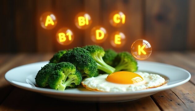Healthy breakfast plate with steamed broccoli and fried egg. Vitamins A, B1, C1, D, E, K shown as glowing orbs above food. Nutritious meal for good health and energy.