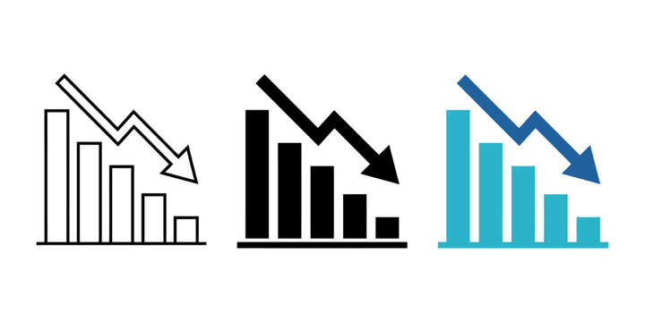 Set of three declining bar chart icons with downward arrow, representing financial loss, economic crisis, or decreasing performance, vector illustration