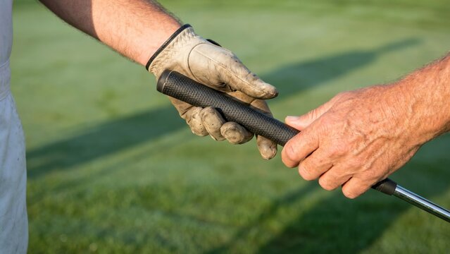Caddie hands handing the rubber grip of the club to the golfer's bare hand