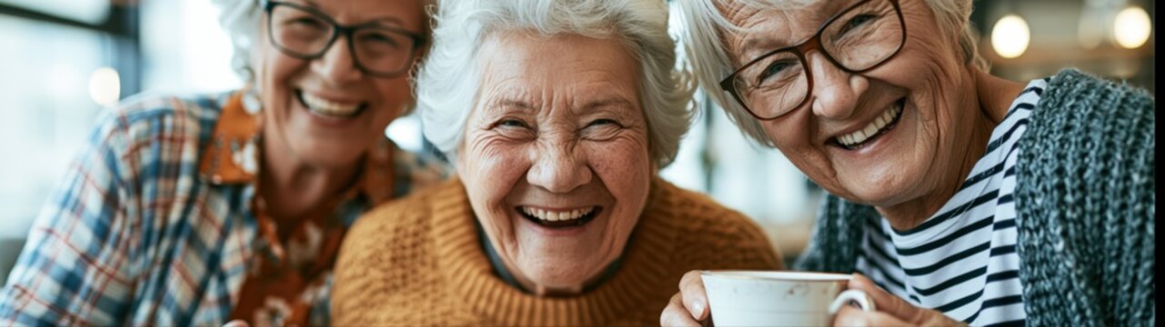 Long banner for retirement home website header: three happy senior women looking at camera, laughing and drinking tea together