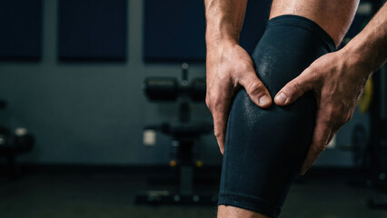 Fototapeta premium Intense Muscle Recovery After Basketball, Man Massaging Sore Calf for Relief