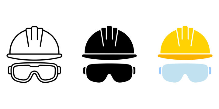 Set of hard hat and safety goggles icons, construction worker protective equipment, vector illustration
