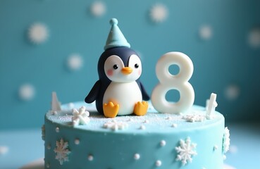 Obraz premium Cute penguin figurine sits on blue birthday cake with number eight topper. Snowflakes decorate cake and soft focus background. Fun party dessert.