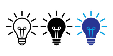 Set of light bulb icons, vector illustration of glowing light bulbs in outline, solid black, and blue styles, symbol of idea, innovation, and creativity © Marjahan