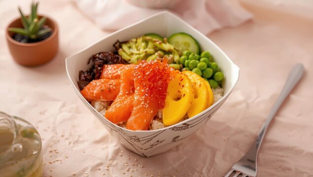 Salmon poke bowl featuring mango, capelin roe, wakame, cucumber, edamame, and sesame seeds