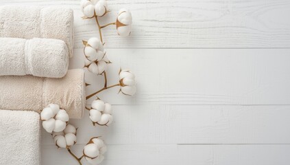 Fototapeta premium Top view of rolled terry towels with empty space, adorned with cotton flowers on a white wooden surface. Spa and skincare product display