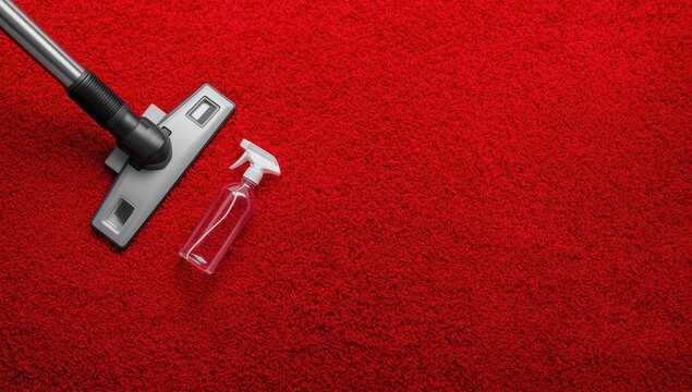 Commercial cleaning tools on red shag carpet. Standard cleanup. Space for text or logo. Aerial perspective
