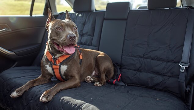 A happy Staffordshire Bull Terrier is seated in the back of a car, secured with a harness and clip, on protected seats