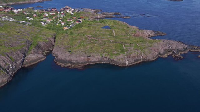 Aerial view of Lofoten Islands Norway with rocky coastline and coastal