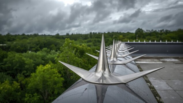 Detailed look at metal bird control spikes on a rooftop to stop birds from perching, with a hazy green forest and overcast sky behind